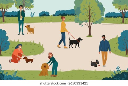 People happily interact with dogs on a sunny day in a park setting. The illustration shows individuals walking, playing, and enjoying leisure time with their pets surrounded by greenery.