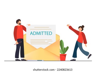 People happy with admitting the documents, recieving positive answer, getting incoming letter by e-mail with admitted documents, hiring people on work concept, flat vector illustration