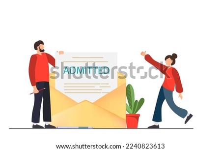 People happy with admitting the documents, recieving positive answer, getting incoming letter by e-mail with admitted documents, hiring people on work concept, flat vector illustration
