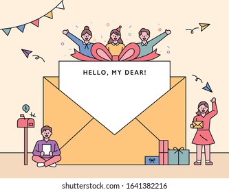 People are happy around a huge mail card. flat design style minimal vector illustration.