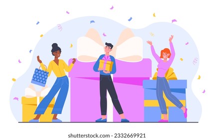 People with happy birthday concept. Man and women stand in front of large gift box. Holiday and festival. Present and surprise. Greeting and invitation card. Cartoon flat vector illustration