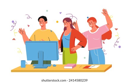 People happy with Business. Men and woman watch at computer monitor. Team with start up. Collaboration and cooperation, partnership. Cartoon flat vector illustration isolated on white background