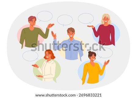 People are happy to communicate and share information, stands under conversation clouds, for business conference concept. Communication between men and women who are ready to talk and express opinions