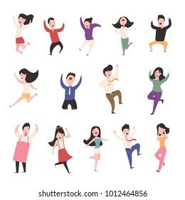 people happy face different action flat cartoon character design