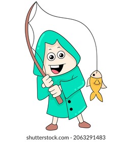 people with happy faces are fishing, vector illustration art. doodle icon image kawaii.