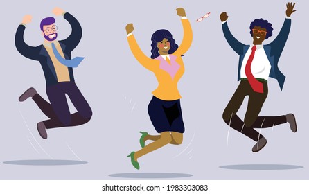 People happy jumping set. Young funny teens large group guy, girl, jumping together joy lifestyle celebration victory team smiling students celebrates success. Color cartoon vector.
