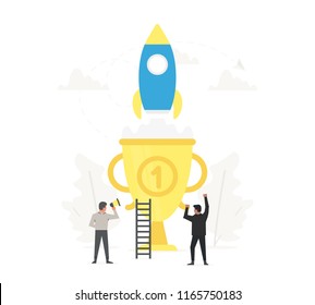 People are happy to launch a rocket to the sky from the large gold trophy. Innovation technology start up. Spaceship launch to the sky.