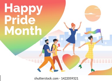 People in happy pride parade. Diversity, discrimination, freedom concept. Presentation slide template. Vector illustration can be used for topics like tolerance, homophobia, social rights