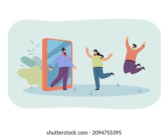 People happy to see man going out of smartphone. Friends spending time together flat vector illustration. Friendship and social networks addiction concept for banner, website design, landing web page