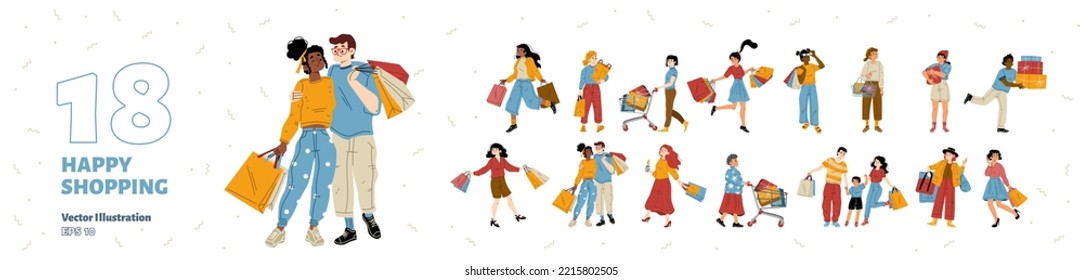 People happy shopping isolated set. Visitors with trolleys and bags buying purchases in shop, mall or boutique Men, women and kids customers purchasing in store Cartoon linear flat vector illustration