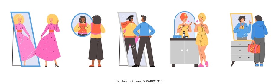 Die Leute sind glücklich mit ihrem Spiegelbild. Gewissenswerte ambitionierte Menschen Zeichen setzen, flache Cartoon Vektorgrafik einzeln auf weißem Hintergrund.