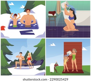 People hardening, set of scenes - flat vector illustration. Adults and children swimming in ice-hole in winter, wipe themselves with snow, pour cold water on themselves from bucket. Healthy lifestyle.