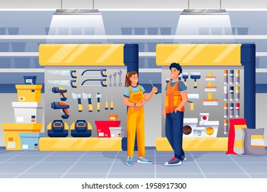 People in hardware shop. Woman assistant standing and talking to man vector illustration. Tools and materials store interior design panorama with drills, toolkits, hammers, screwdrivers. svg