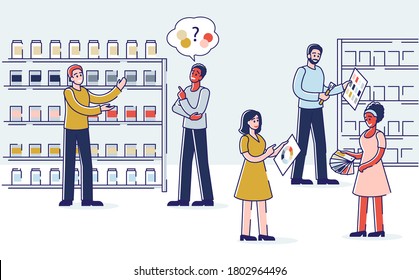 People in hardware store choosing paint colors for home renovation works. Cartoon male and female designers picking and purchasing paint for wall decoration. Linear vector illustration