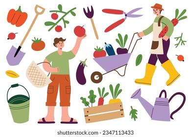 People harvest vegetables and fruit in garden, harvesting hand drawn collection, doodle icons of eggplants, apples, tomatoes, vector illustration of happy gardeners, autumn farm set
