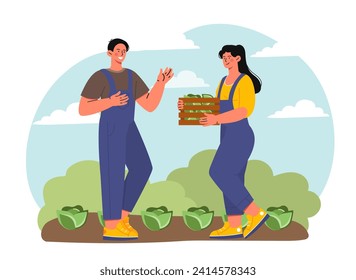 People harvesting cabbage. Man and woman at farm. Farming and agriculture. Young guy and girl with vegetables. Farmers picking up natural products from garden bed. Cartoon flat vector illustration