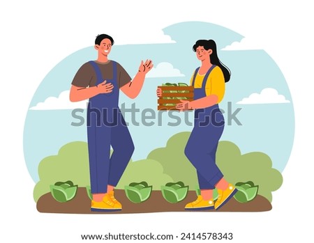 People harvesting cabbage. Man and woman at farm. Farming and agriculture. Young guy and girl with vegetables. Farmers picking up natural products from garden bed. Cartoon flat vector illustration