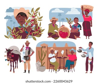 People Harvesting Coffee Crop and Drinking Hot Aromatic Beverage Vector Set