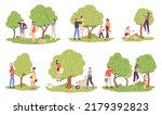 People harvesting fruit trees. Family picking fruits plucking berries in orchard, autumn garden harvest, people on ladder pick cart crop fresh apples, garish vector illustration of harvest garden