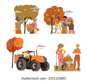 People Harvesting Gathering Ripe Agricultural Crops from Garden Vector Set