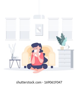 People has a cold and fever concept. Covid-19 coronavirus. Pandemic. Stay at home self-isolation quarantine social distancing. Health care and medical Flat character abstract people vector.