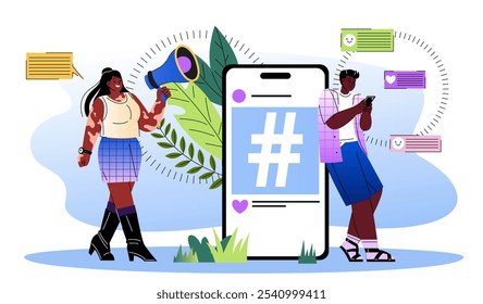 People with hashtag. Man and woman with loudspeaker near smartphone with hashtag on screen. Promoting content on social networks. Influencers and bloggers, smm specialists. Flat vector illustration