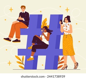 People with hashtag. Man and women near big bue sign. Promotion in social networks and messengers. Communication on internet. Sharing interesting content. Cartoon flat vector illustration