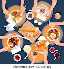 People have breakfast. Top view flat cartoon illustration of brunch meal. Eggs, coffee, waffles, oatmeal porridge, croissant and tea cups on table. Morning food menu design elements.