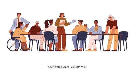 People have business meeting in the office. Disabled employee in wheelchair engaged in corporate conversation. Performer with prosthetic arm. Vector illustration for inclusion, conference, teamwork