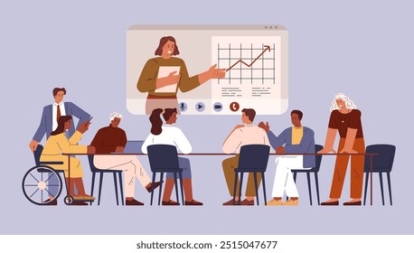 People have business meeting in the office with diagrams. Disabled employee in wheelchair engaged in corporate conversation. Vector illustration for inclusion, business conference, online teamwork