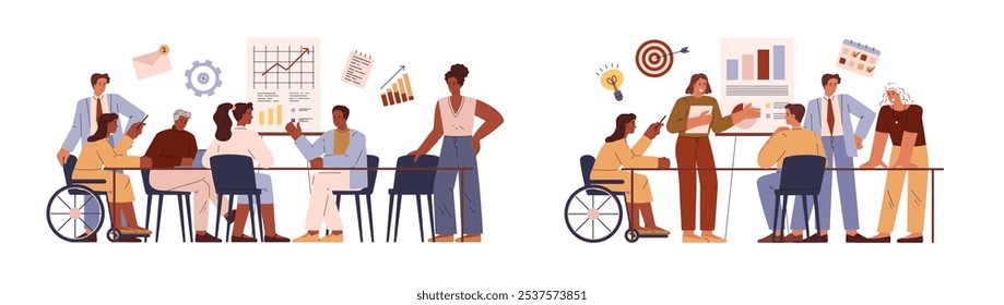 People have business meeting in the office with diagrams, goal. Disabled employee in wheelchair engaged in corporate conversation. Vector illustrations set for inclusion, business conference, teamwork