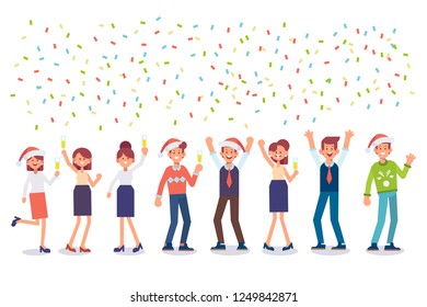 People have a Christmas party in office. They dancing , having fun and drinking alcohol at a party. Holiday event. Cartoon style, flat vector illustration.