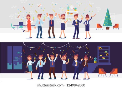 People have a Christmas party in office. They dancing , having fun and drinking alcohol at a party. Holiday event. Cartoon style, flat vector illustration.