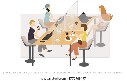 People have coffee, drink and dessert and avoid coronavirus spread by social distancing in coffee shop seat that has clear partition. New normal life, stay safe from Covid-19 but still can enjoy life.