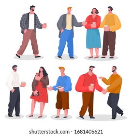 People have conversation on home reception. Men and women talking with each other on party. Friends spending leisure time together on banquet. People isolated on white background. Vector illustration