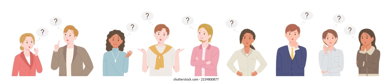 People have curious expressions and question marks are floating around their heads. flat design style vector illustration.