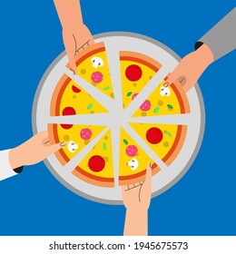 People have dinner together and share a huge pizza. hands top view. Flat style. Vector illustration