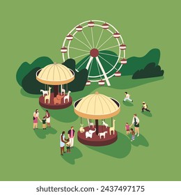 People have fun in amusement park. Kid's carousels, attractions. Children play at funfair in summer. Merry go round, ferris wheel, roundabout carrousel. Family entertainment. Flat vector illustration