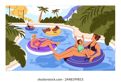 People have fun in aquapark, recreation park. Family floating on inflatable circles at swimming pool. Happy men and women in swimsuit relax on inner tube on water in summer. Flat vector illustration