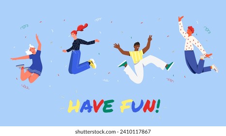 People have fun concept. Men and women jump together. Positivity and optimism. Young guys and girls with good feelings and emotions. Cartoon flat vector illustration isolated on blue background