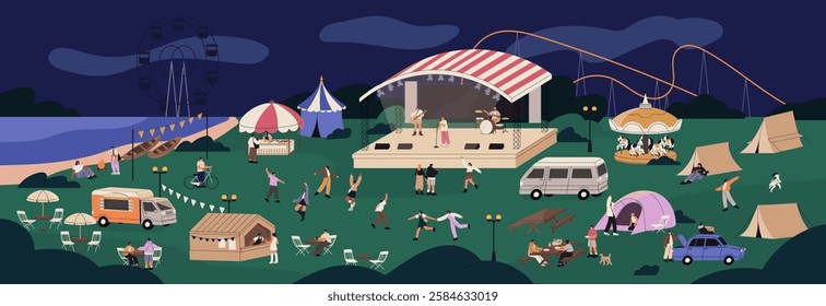 People have fun, dance in open air concert at night. Music festival in amusement park, at nature. Summer outdoor event with musicians on stage, crowd, food trucks, camp. Flat vector illustration