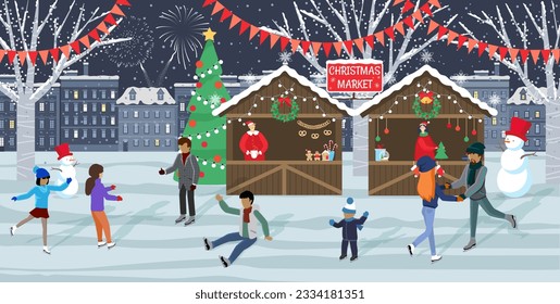 People have fun at ice-skating outdoor rink, new year winter holidays modern city street with night cityscape background, snowman and christmas market. Winter season activity and entertainment