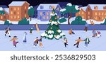 People have fun on ice rink at New Year night. Happy families, friend, kids skate on city square with Christmas tree. Men and women walk outdoor at festive evening in winter. Flat vector illustration