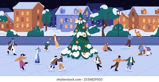 As pessoas se divertem na pista de gelo na noite de Ano Novo. Famílias felizes, amigo, crianças patinam na praça da cidade com árvore de Natal. Homens e mulheres caminham ao ar livre na noite festiva do inverno. Ilustração de vetor plano