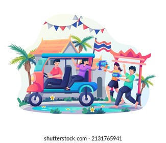 People have fun on Songkran Day by playing with water guns while chasing cars.  Happy Songkran Festival Day. Flat style vector illustration