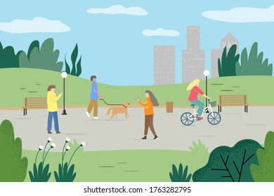 People have fun in the park. Speak on the phone, communicate, ride bicycles, walk with pets, play with Woman riding a bicycle in a bright, quiet garden. Illustration style.