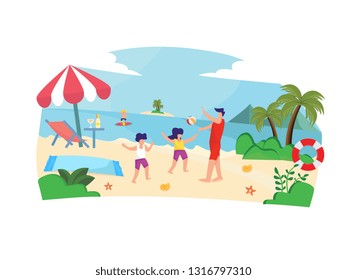 people have fun playing Beach volleyball, with sea scenery flat style illustration vector for homepage template hero image landing page