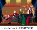 People have fun, sit and drink, retro party. Happy friends, people on a party vector concept. bartender standing at the bar
