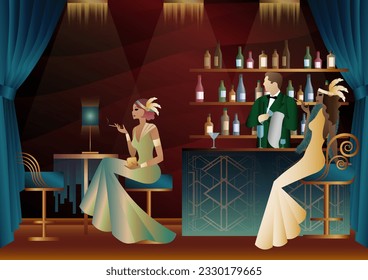 People have fun, sit and drink, retro party. Happy friends, people on a party vector concept. bartender standing at the bar