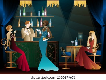 People have fun, sit and drink, retro party. Happy friends, people on a party vector concept. bartender standing at the bar